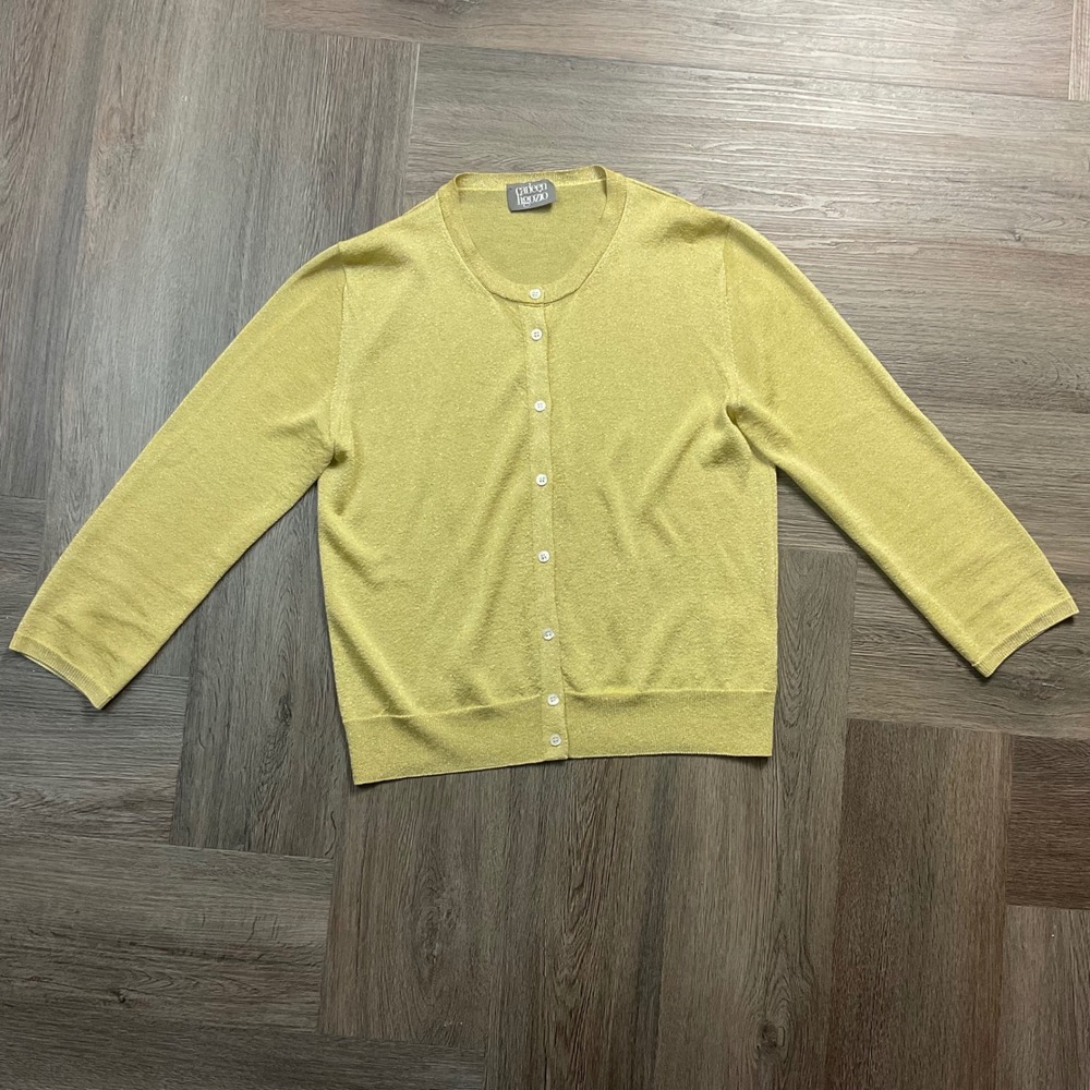 Carleen Ligozio Italy Metallic Shimmer Cardigan Sweater Women Small Gold Classy